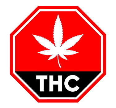 Red sign symbol with a white cannabis leaf and THC text warning for marijuana products.