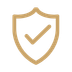 Gold shield icon with a checkmark on a black background representing security and protection.