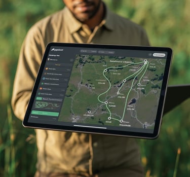a monitoring steward holding a tablet device with a field monitoring app displayed