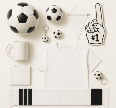 Custom branded promotional sports items including balls, bottles and accessories