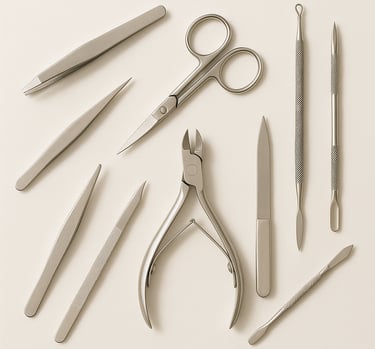 Stainless steel beauty tools including scissors, tweezers and nail tools, durable export grade groom