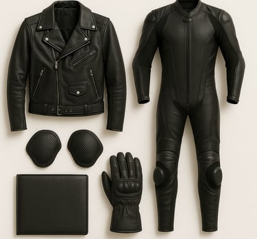 Motorcycle leather jackets, suits and riding gear, protective export quality leather gear