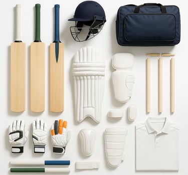 Complete cricket equipment set including bats, balls, pads, gloves and helmets