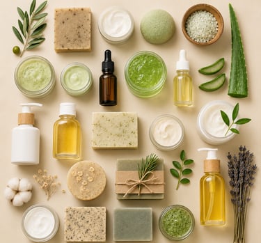 Natural skincare products, herbal soaps, creams and body care essentials