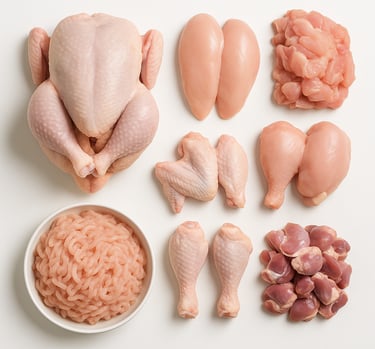 Processed halal chicken meat including whole cuts and portions