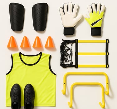 Football and rugby training equipment including cones, ladders, vests and balls