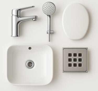 Sanitary and bathroom fittings including sinks, faucets and accessories for modern bathrooms, export