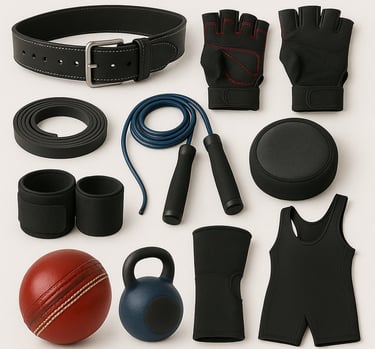 Fitness and gym equipment including weights, resistance bands and training accessories