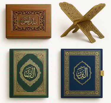 Quran boxes and wooden Quran stands with Islamic design for safe storage and prayer use, export quality Islamic accessories.