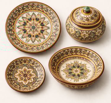 Traditional Sindhi Hala glazed pottery plates and bowls
