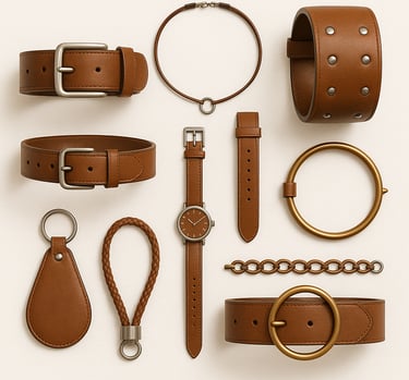 Leather fashion accessories including belts, straps and small items, export quality