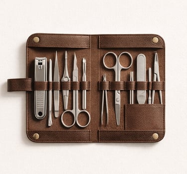 Complete beauty kits with manicure and grooming tools in travel cases, curated export quality beauty