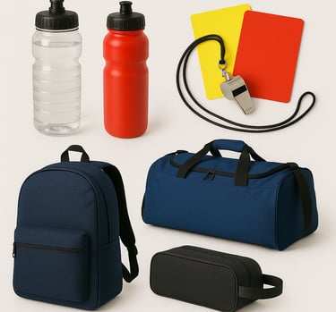 Sports accessories including bags, bottles, protective gear and training items