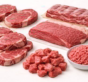 Halal export-grade beef cuts display featuring steaks, ribs, cubes, and minced beef