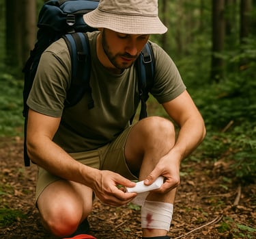 Hiker treating leg wound with wilderness first aid kit on forest trail