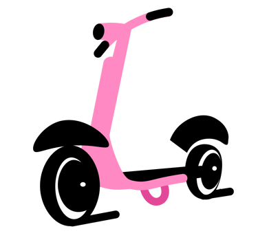Uśmiechnięta i trochę zdziwiona różowa hulajnoga z oczami zamiast kółek.