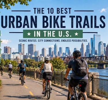 Cyclists riding on an urban trail along a river with skyline in the background