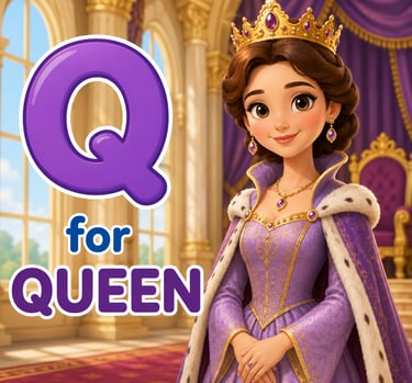 Educational alphabet poster featuring a cartoon queen in a purple gown for the letter Q.