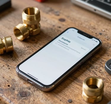 Tight shot of a smartphone lying on a dusty wooden workbench next to brass plumbing fittings, screen showing a clean SMS notification from Sophie with a Belgian postal code, warm natural daylight.