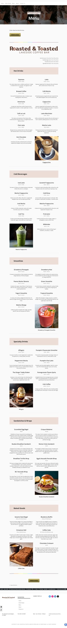 Menu webpage featuring various coffee drinks and breakfast items with descriptions and images.