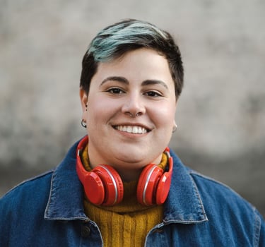 a woman with headphones and headphones on