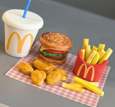 Fondant topper showing burger, nuggets, fries and drink