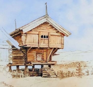 water color painting of norwegian stabbur building, pastel tones, stabbur is on low stilts