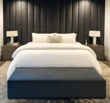 Modern bedroom with full-wall panels and a bench at the foot of a California king bed by Solo Home Decor