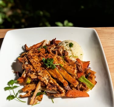 Lion's Mane Mushroom Steak with Lavender Pepper, Vegetable Stir Fry, Cauliflower Rice. Gluten-free