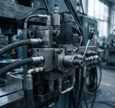 Close-up of a heavy industrial hydraulic press valve, technical steel components with sharp focus, cool daylight, desaturated blue tones, 50mm