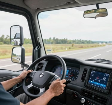 Wide interior view of a modern heavy-truck cabin from the passenger side, dashboard with digital monitoring screens illuminated, driver's hands on steering wheel in motion, bright daylight through windshield, road ahead stretching into distance, precise and clean composition