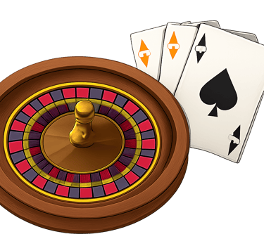 Illustration of a roulette wheel and playing cards, representing the start of gameplay.
