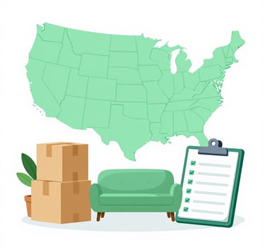 Moving cost guide with U.S. map, moving boxes, sofa, and checklist.
