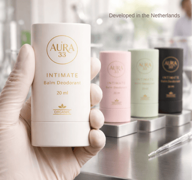 Hand in a glove holding an Aura 33 organic intimate balm deodorant stick in a laboratory setting.