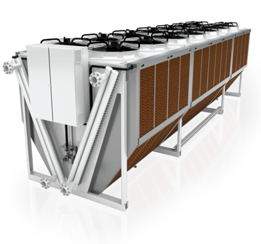 Industrial adiabatic dry cooler with cooling pads and axial fans for HVAC systems.