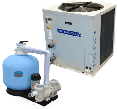 AstralPool ProHeat II swimming pool heat pump with sand filter and circulation pump system.