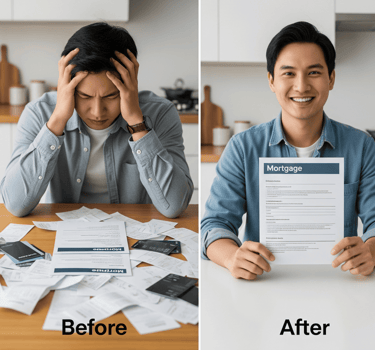 homeowner with many bills versus omeowner after a successful debt consolidation refinance.