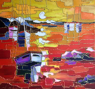 tableau-coucher-de-soleil-et-bateau-cloisonne