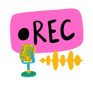 A video localisation podcast recording icon with a retro microphone, audio waveform & REC indicator.