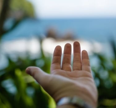 a person holding their hand out to the ocean