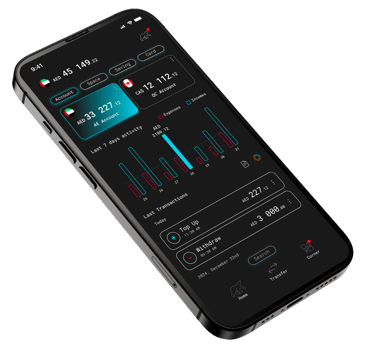 Bankeaz - A mobile banking app showing multi-currency accounts and daily expense charts.