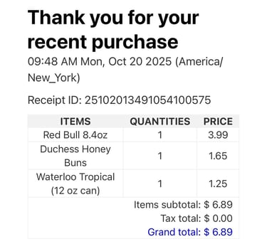 Receipt used for smart cooler purchase in Columbia, South Carolina