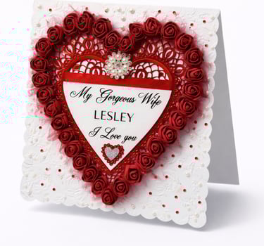 Elegant handmade Valentine's Day card for Lesley featuring red roses and a pearl heart design.