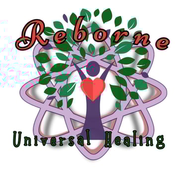 a being with a big heart celebrating with the tree of life with the logo Reborne Universal Healing