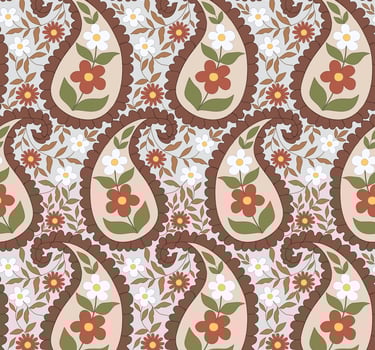 Seamless pattern of stylized paisley shapes filled with floral motifs and foliage.
