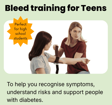 Bleed training for teen course card showing a training applying a tourniquet of an arm.