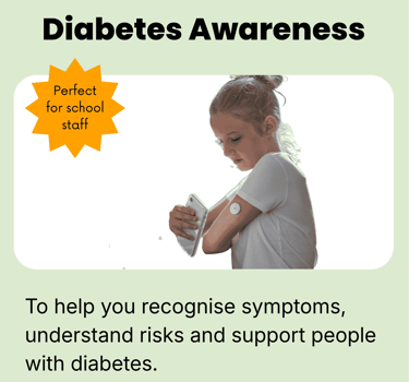 Diabetes Awareness course card with a person checking blood sugar.