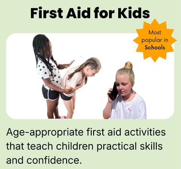 First Aid for Kids course card with children practicing first aid.