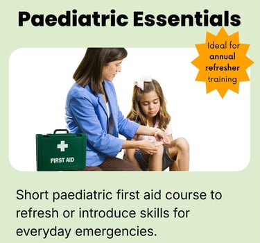 Paediatric Essentials course card with an adult treating a child's knee.