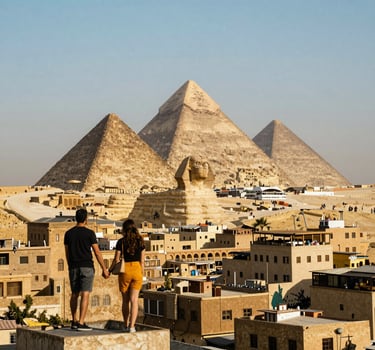 A couple holds hands on a rooftop overlooking the Great Pyramids of Giza and the Sphinx in Egypt.